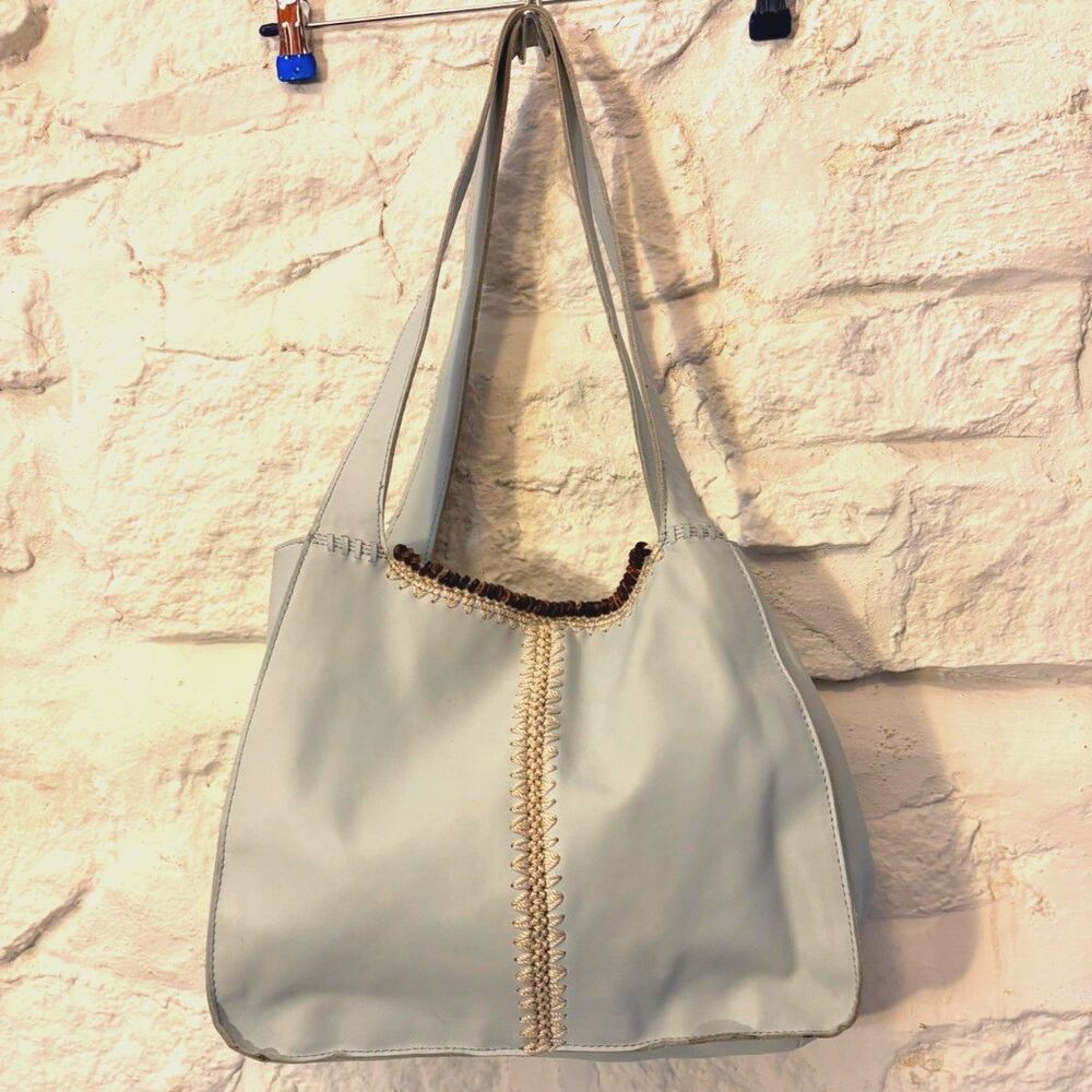 The Sak Pale Blue Leather Hobo Bag Crochet Beaded Boho Y2K Shoulder Tote - READ